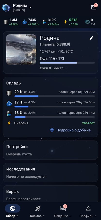 Обзор планеты: ресурсы, склады, очереди